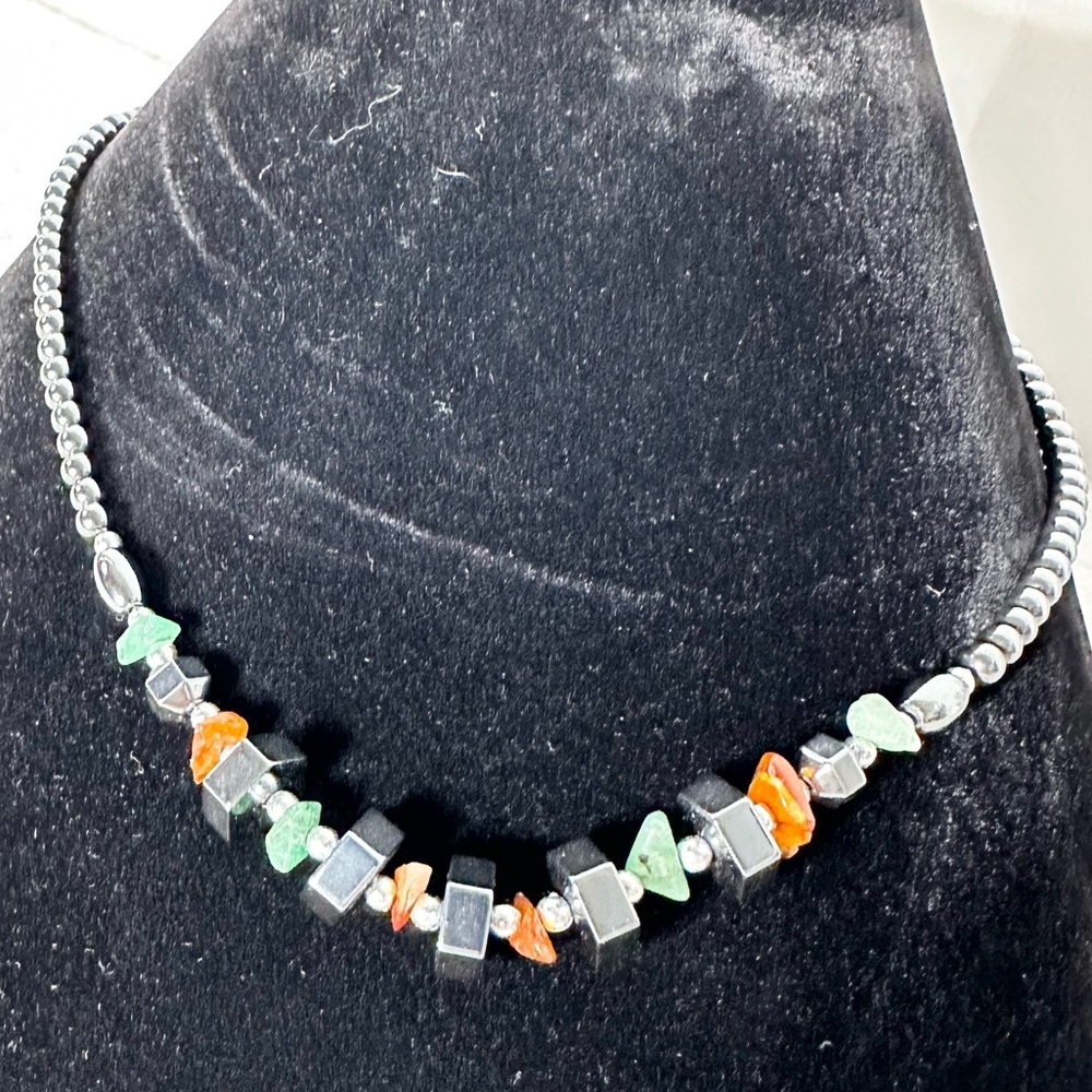 5/$35 Spherical Hematite Beads With Green Orange Natural Gemstone Chips Necklace